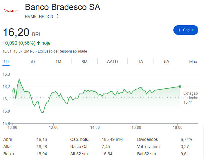 Gráfico da ação BBDC3 do Bradesco mostrando desempenho, fundamentos, dividendos e perspectivas de longo prazo