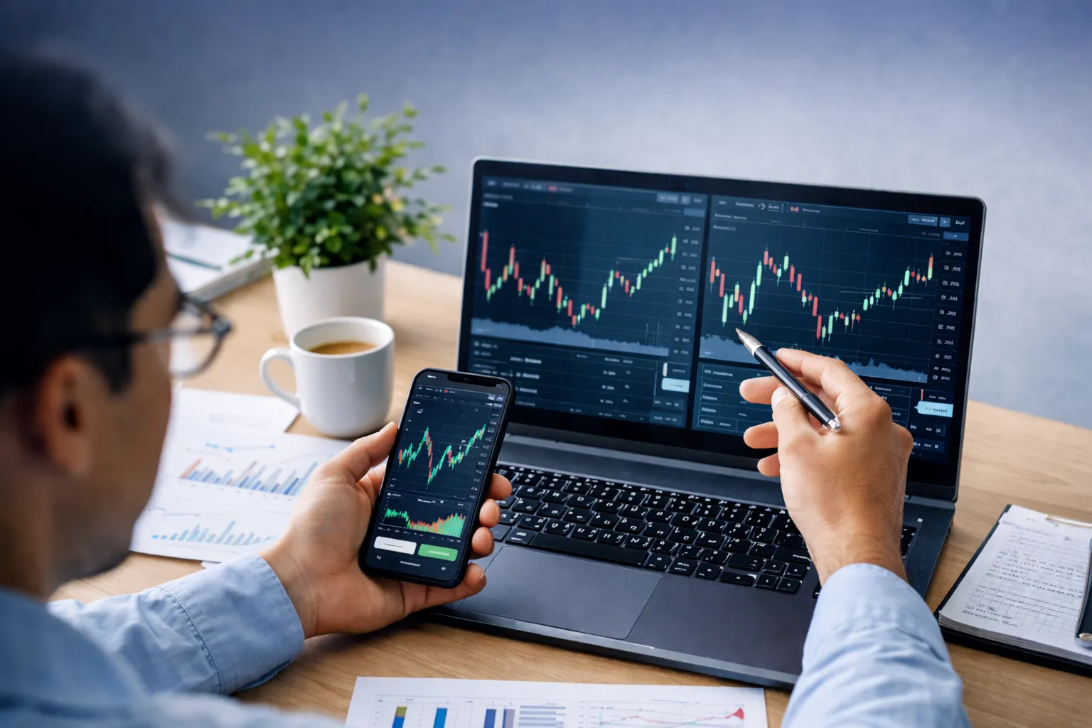 Pessoa usando computador para analisar gráficos e investir em ações