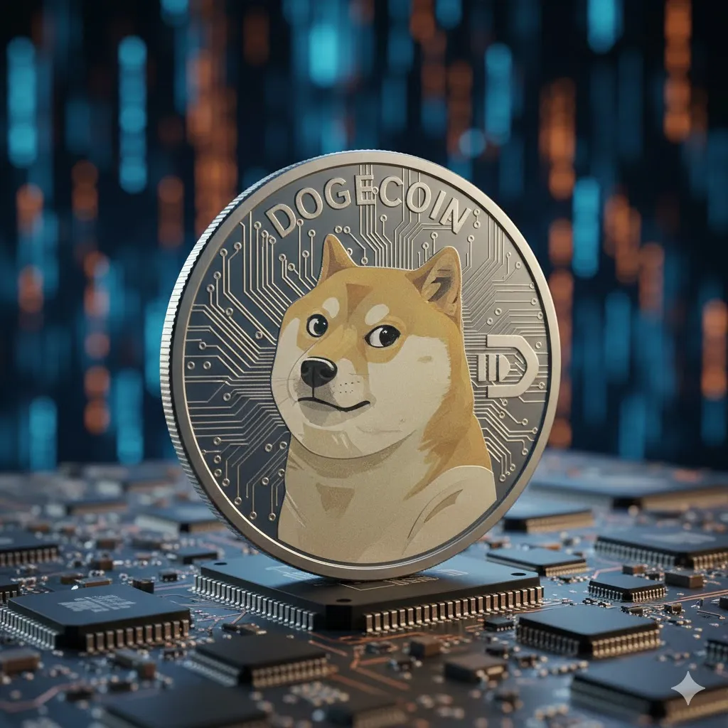 Ilustração do Dogecoin com o cachorro Shiba Inu representando pagamentos digitais rápidos e acessíveis