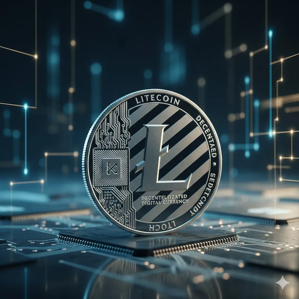 Representação gráfica do símbolo do Litecoin (LTC) sobre fundo digital de rede blockchain com gráficos de criptomoedas