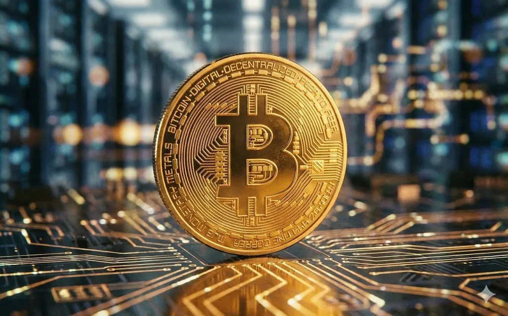 Representação gráfica do símbolo do Bitcoin (₿) sobre fundo digital que simboliza rede blockchain